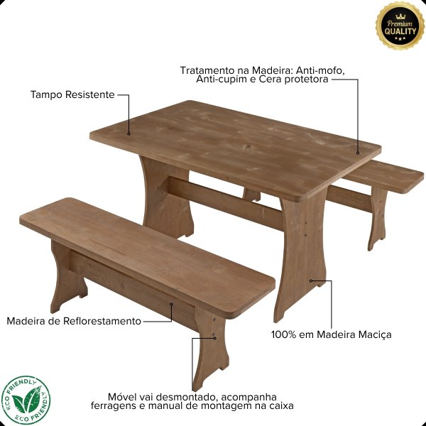 03 kit conjunto mesa rustica com 2 bancos franca 1 20m