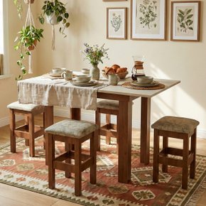 01 conjunto mesa dobravel 110cm mdf e madeira com 4 banquetas baixas