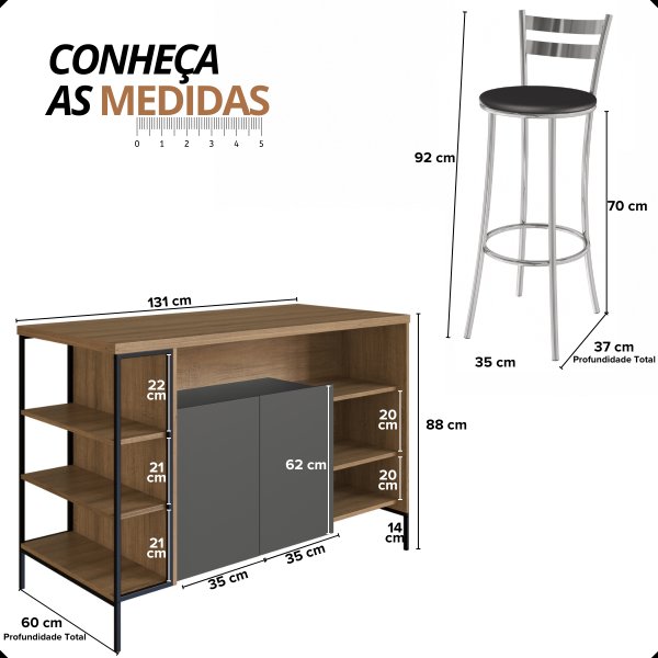 04 bancada gourmet ilha industrial mel grafite com 2 banquetas jade
