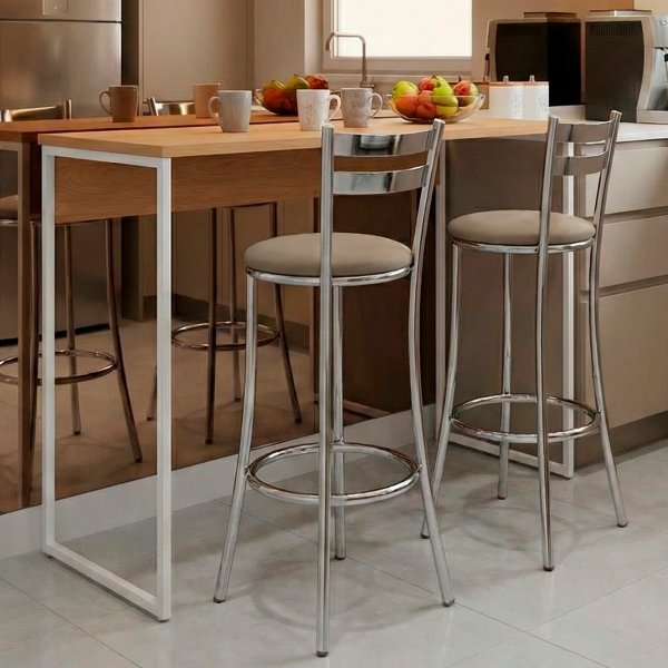 04 conjunto bancada industrial de madeira com 2 banquetas estofadas jade