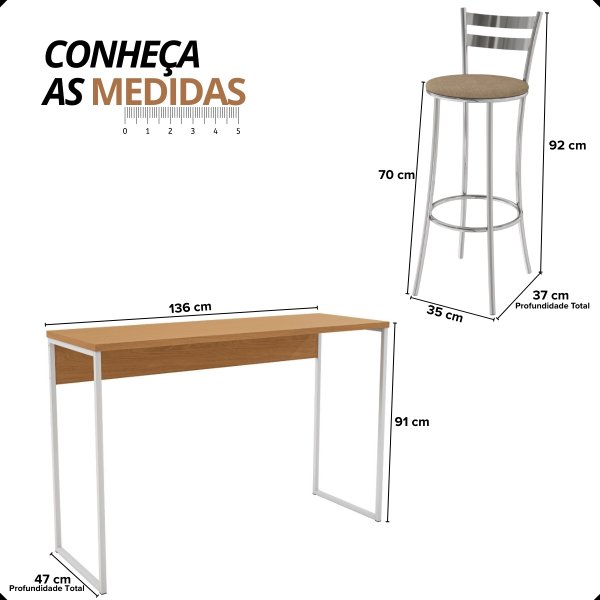 05 conjunto bancada industrial de madeira com 2 banquetas estofadas jade