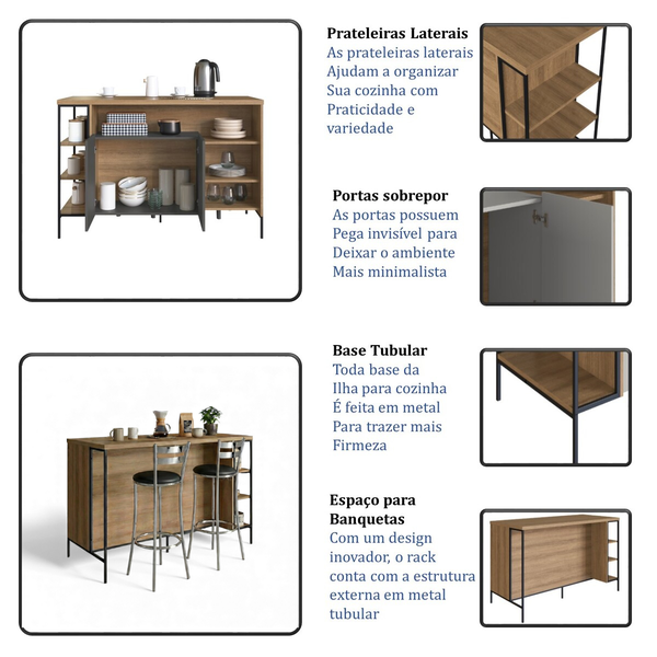 01 bancada gourmet ilha industrial mel grafite com 2 banquetas jade mel grafite preto