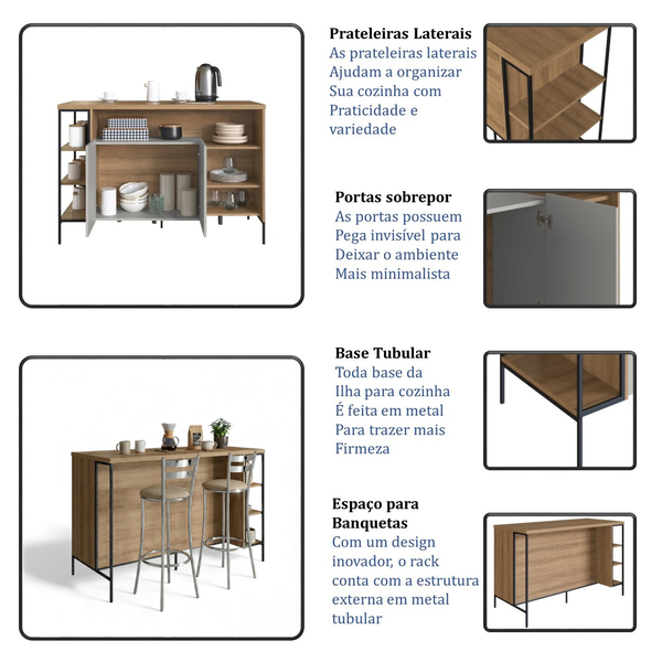 02 bancada gourmet ilha industrial mel arenas com 2 banquetas jade mel arenas preto
