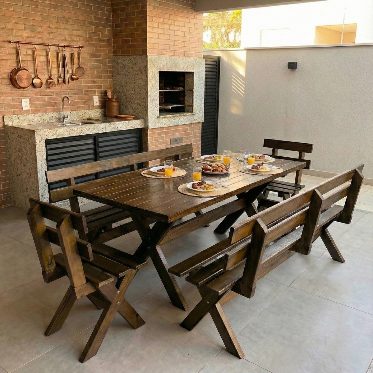 Conjunto Mesa Madeira R&uacute;stica Para Churrasco com 4 bancos na cor imbuia