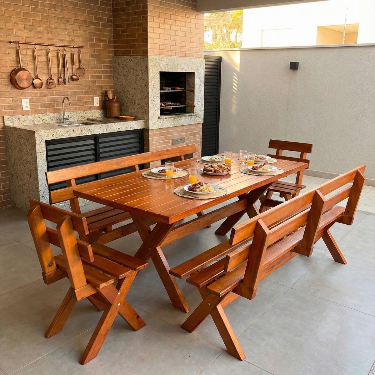 Conjunto Mesa Madeira R&uacute;stica Para Churrasco com 4 bancos na cor mel