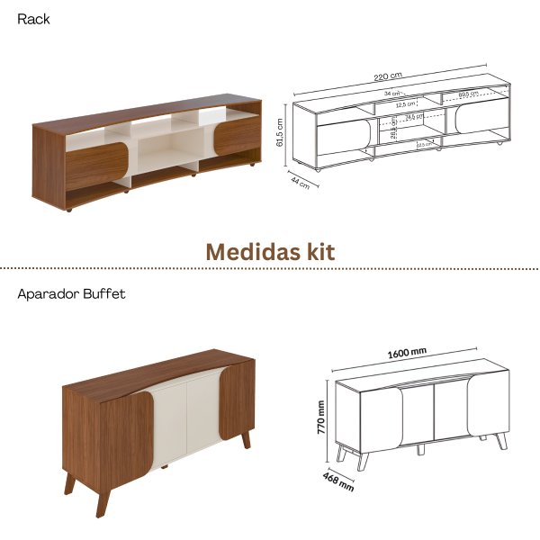 02 sala de estar completa rack painel buffet mesa centro e apoio elegance cedro off white