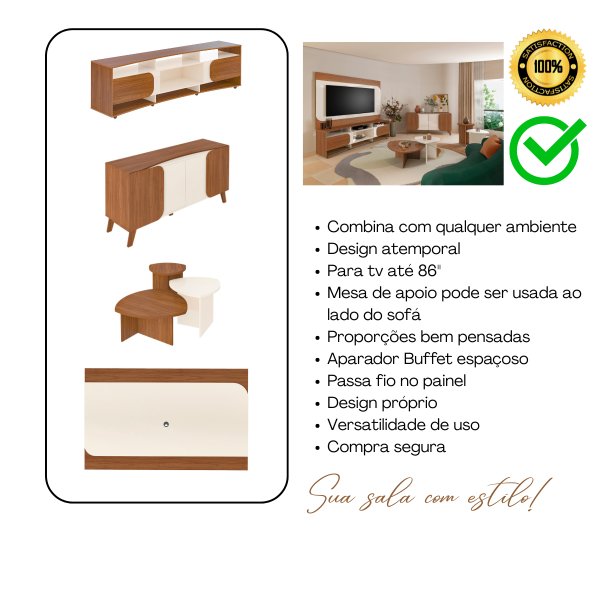 04 sala de estar completa rack painel buffet mesa centro e apoio elegance cedro off white