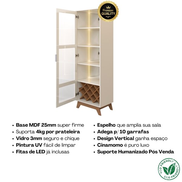 01 cristaleira adega 10 nichos led e espelhos 186 5cm mirage cinamomo off white