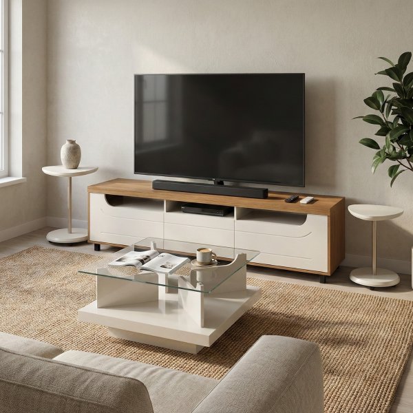 01 sala de estar mercury rack tv 75 mesa centro 2 mesas apoio cinamomo off white