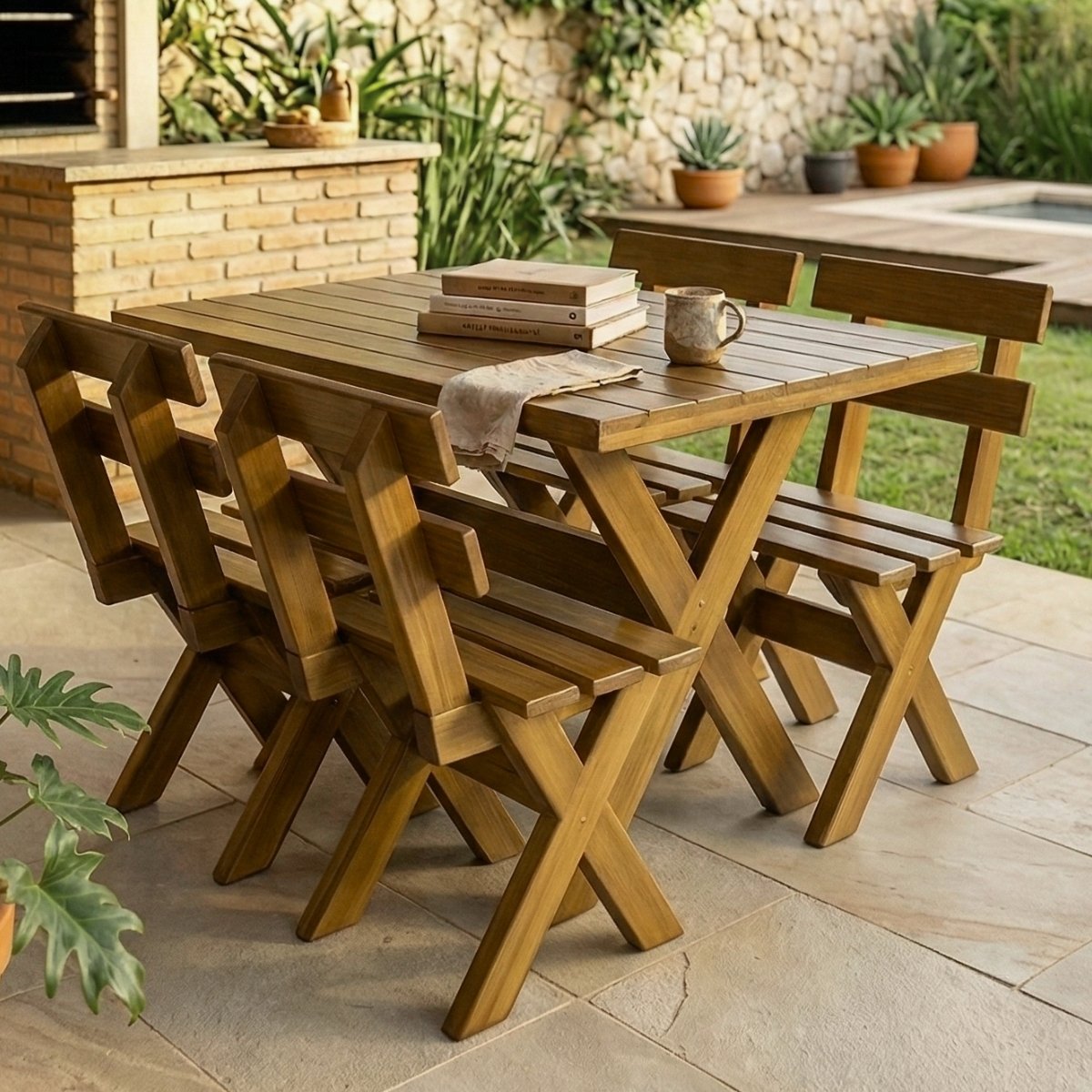 Conjunto Mesa Madeira R&uacute;stica Para Churrasco 1 metro com 4 bancos Imbuia